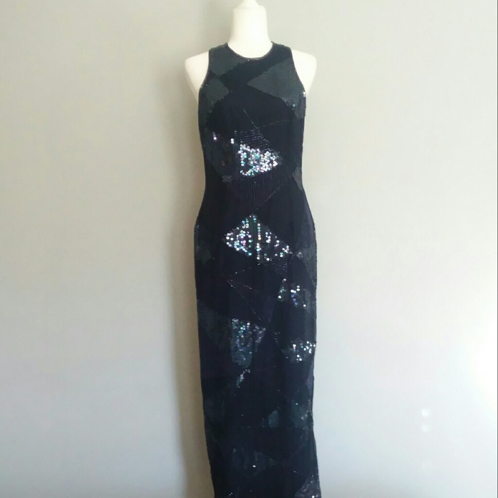 ADRIANNA PAPELL Navy Silk Sequin Beaded Dress